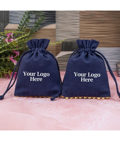 Blue Cotton Designer Jewellery Pouches & Bags for Packaging With Brand Logo Print