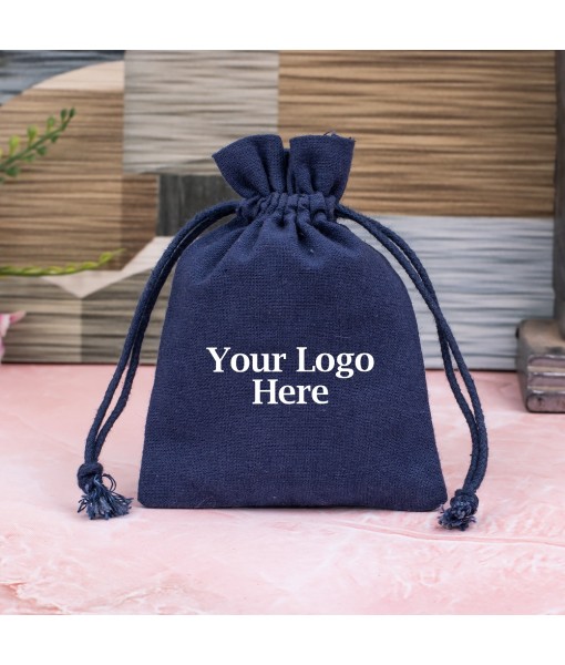 Blue Custom Cotton Drawstring Pouch, Jewellery Pouches With Brand Logo Print