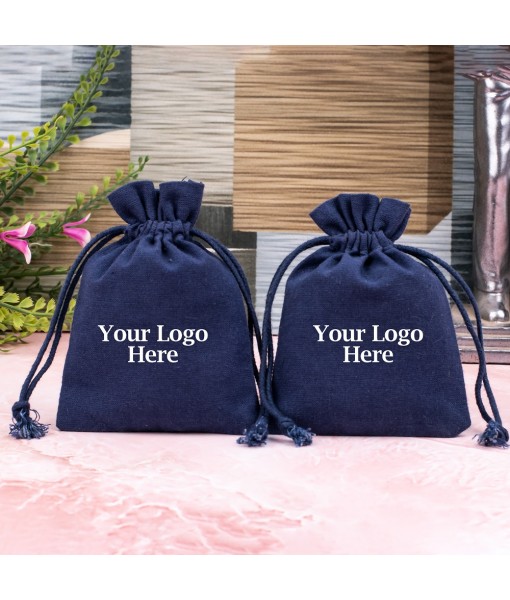 Blue Custom Cotton Drawstring Pouch, Jewellery Pouches With Brand Logo Print