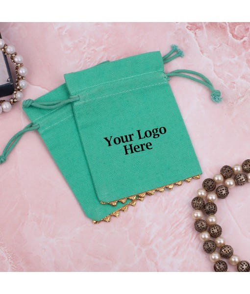 Green Cotton Designer Jewellery Pouches & Bags for Packaging With Brand Logo Print