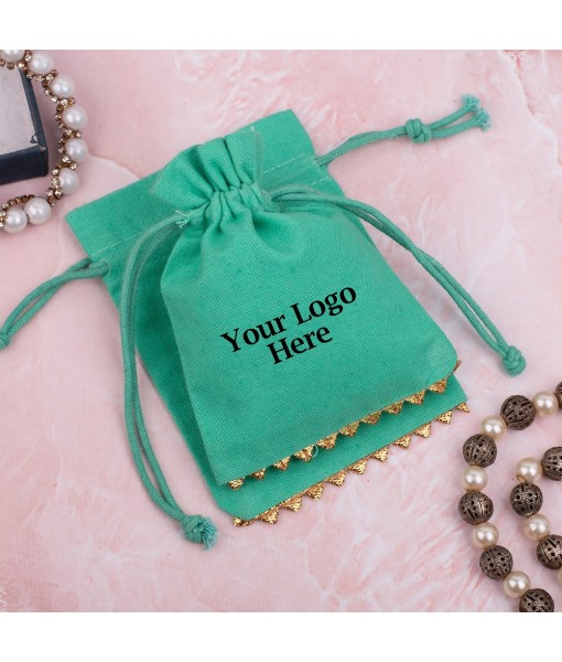 Green Cotton Designer Jewellery Pouches & Bags for Packaging With Brand Logo Print