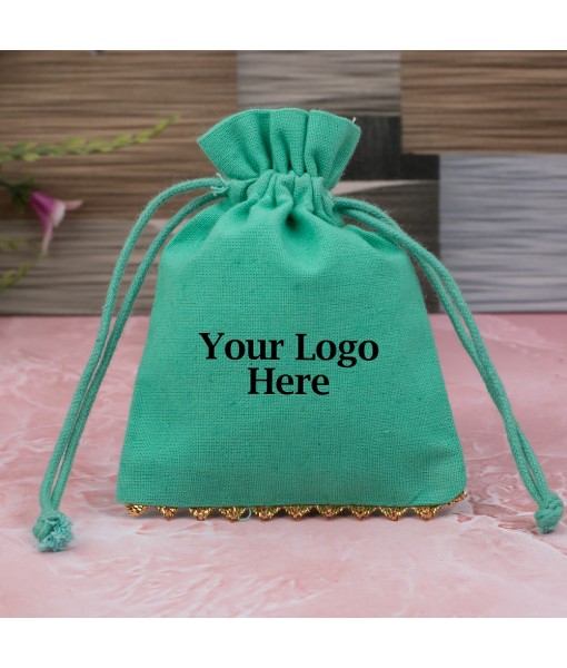 Green Cotton Designer Jewellery Pouches & Bags for Packaging With Brand Logo Print