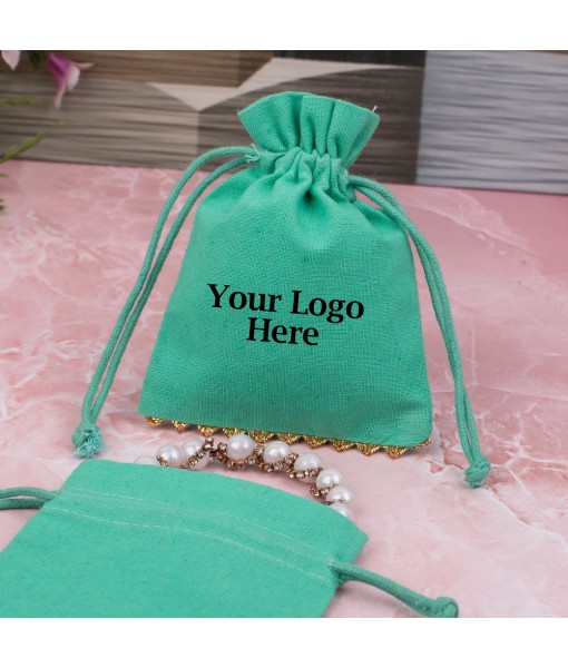 Green Cotton Designer Jewellery Pouches & Bags for Packaging With Brand Logo Print