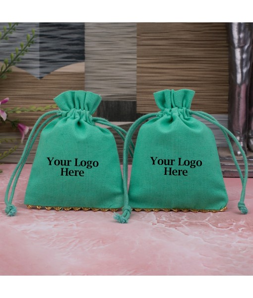 Green Cotton Designer Jewellery Pouches & Bags for Packaging With Brand Logo Print