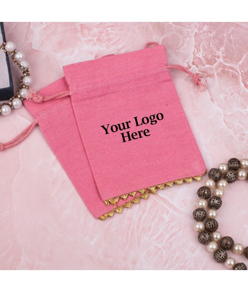 Antique Pink Designer Cotton Pouches & Bags For Packaging, Wedding Favor Bags With Brand Logo