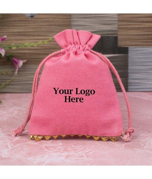 Antique Pink Designer Cotton Pouches & Bags For Packaging, Wedding Favor Bags With Brand Logo