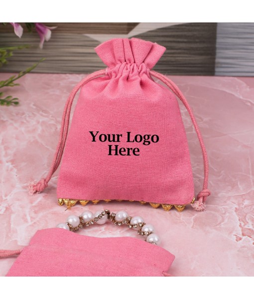 Antique Pink Designer Cotton Pouches & Bags For Packaging, Wedding Favor Bags With Brand Logo