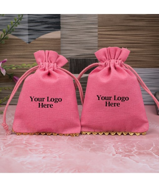 Antique Pink Designer Cotton Pouches & Bags For Packaging, Wedding Favor Bags With Brand Logo