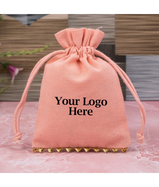 Ruddy Pink Designer Cotton Drawstring Pouches & Bags For Packaging, Wedding Favor Bags With Brand Logo