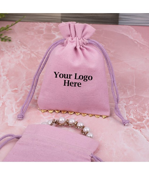 Pink Cotton Designer Jewellery Pouches & Bags for Packaging With Brand Logo Print