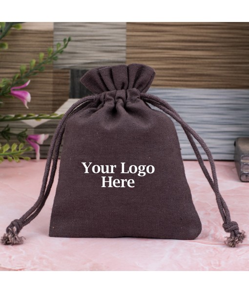 Brown Cotton Drawstring Pouch for Jewellery Packaging With Brand Logo Print