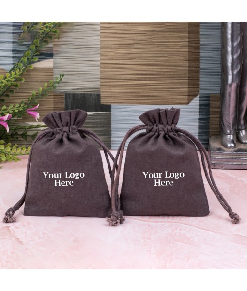 Brown Cotton Drawstring Pouch for Jewellery Packaging With Brand Logo Print