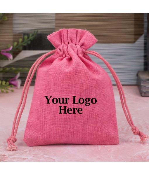 Pink Cotton Jewellery Pouches for Packaging With Brand Logo Print