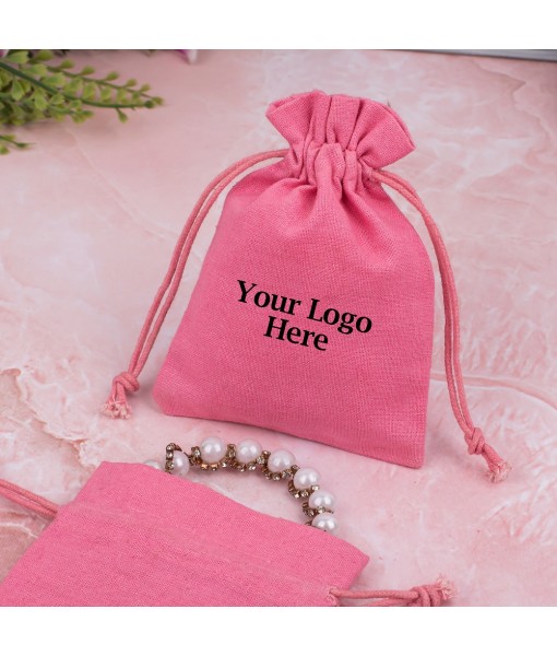 Pink Cotton Jewellery Pouches for Packaging With Brand Logo Print