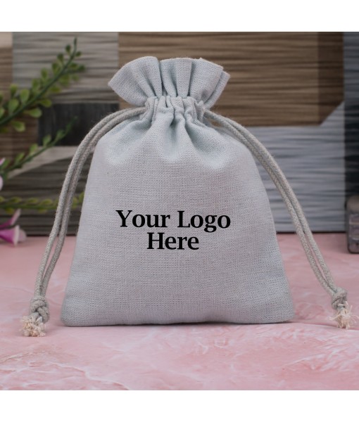 Gray Custom Cotton Drawstring Pouch, Jewellery Pouches With Brand Logo Print