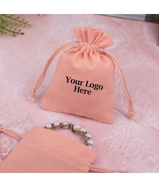 Antique Pink Cotton Drawstring Pouch for Jewellery Packaging With Brand Logo Print