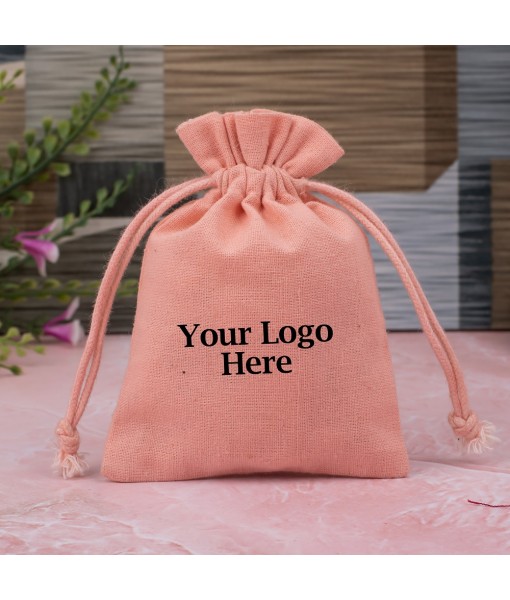 Antique Pink Cotton Drawstring Pouch for Jewellery Packaging With Brand Logo Print