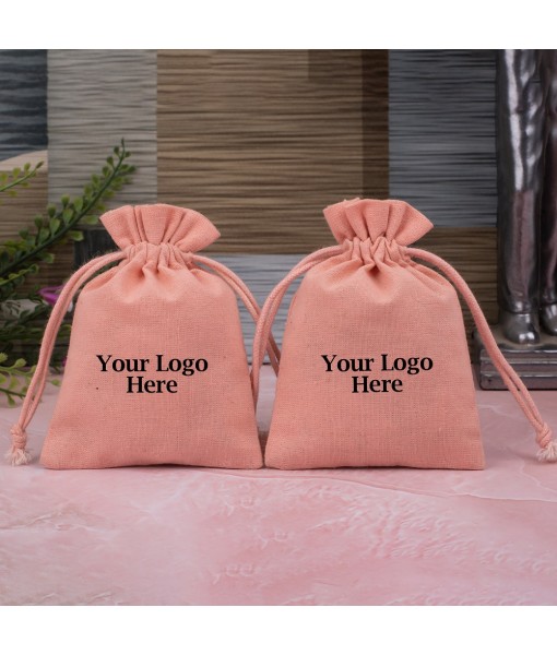 Antique Pink Cotton Drawstring Pouch for Jewellery Packaging With Brand Logo Print