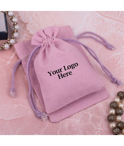 Light Pink Cotton Jewellery Pouches for Packaging With Brand Logo Print