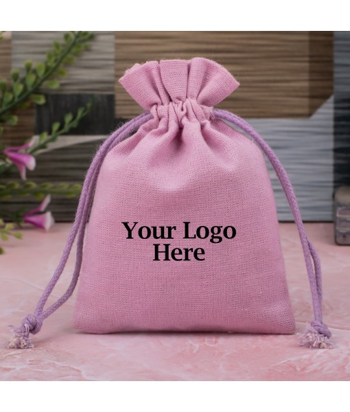 Light Pink Cotton Jewellery Pouches for Packaging With Brand Logo Print