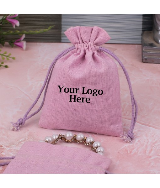 Light Pink Cotton Jewellery Pouches for Packaging With Brand Logo Print